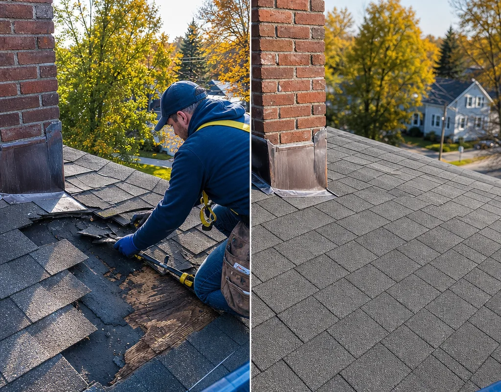 Before and after view of damaged shingles replaced with neatly matched shingles