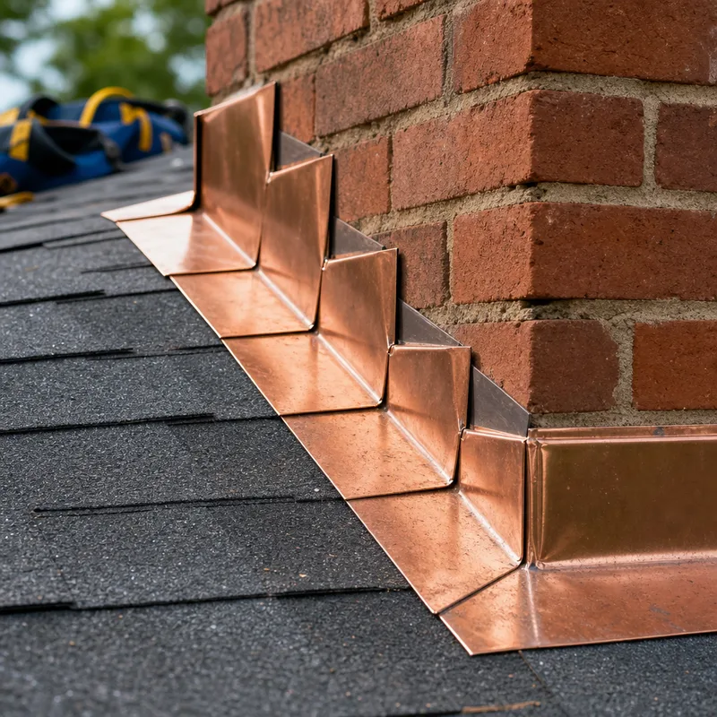 Close-up of step flashing and counterflashing at a roof intersection