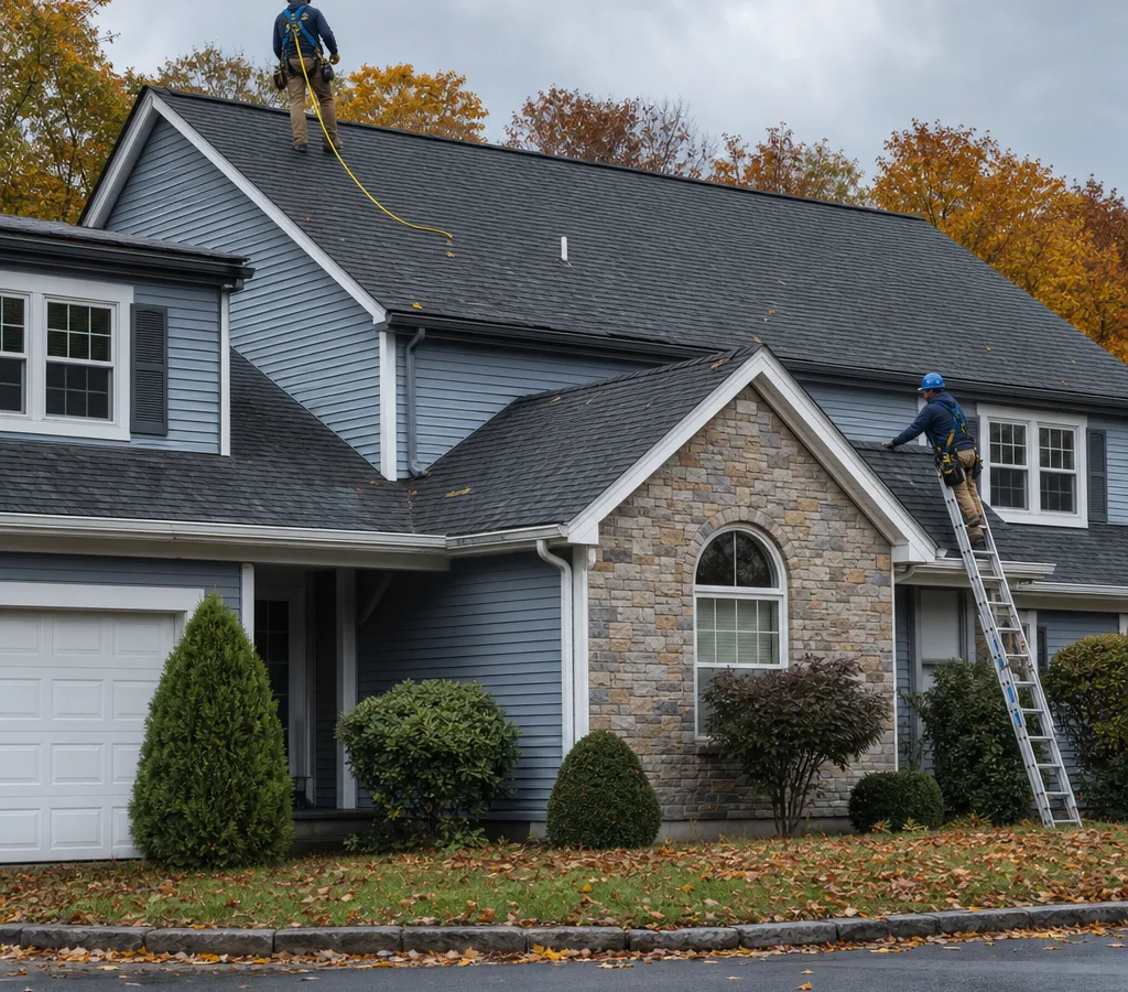Crew performing a roof inspection on a Westborough home with properly set ladders and visible fall protection