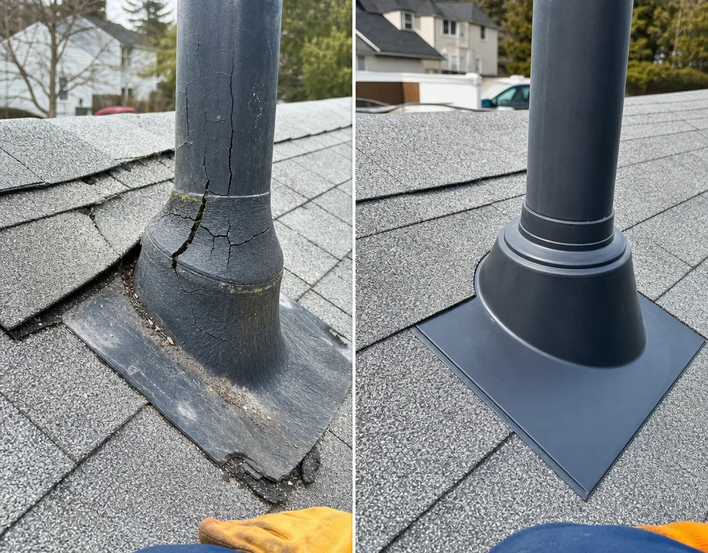 Before and after view of a cracked plumbing vent boot replaced and sealed with surrounding shingles neatly re-laid