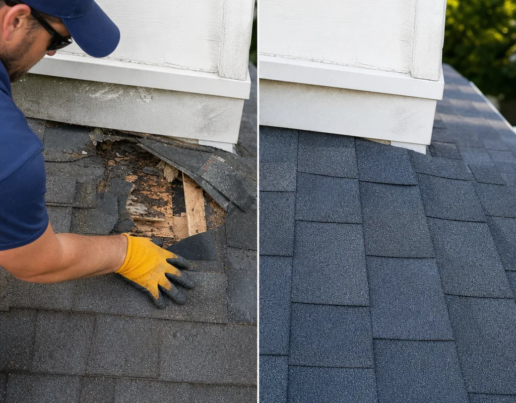 Before and after view of wind-damaged shingles replaced with matched shingles and a corrected nailing pattern
