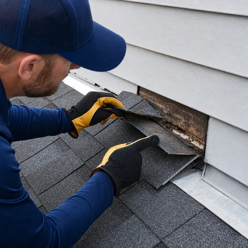 Roofer inspecting lifted shingles and step flashing layers at a roof-to-sidewall intersection