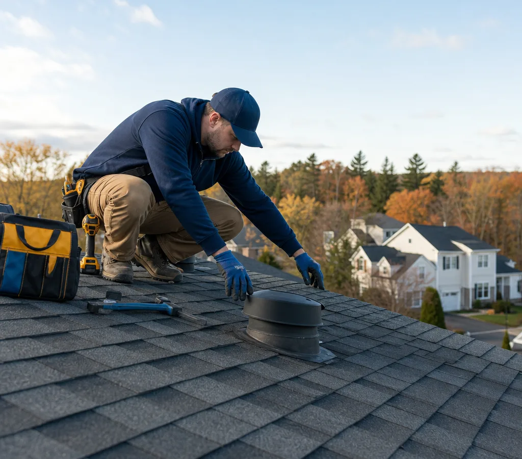 Technician inspecting shingles near a roof vent on a Westborough home with repair tools staged safely