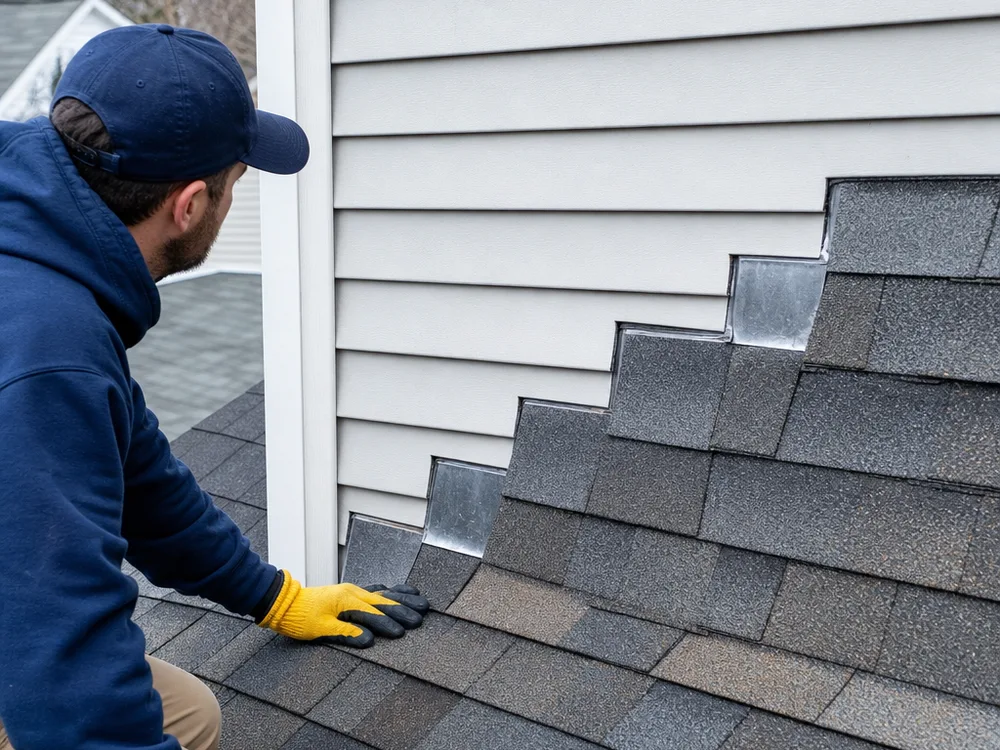 Repaired step flashing at a roof-to-wall transition with shingles installed in correct courses
