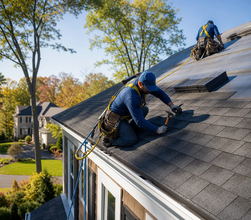 Residential asphalt shingle roof installation in progress on a Westborough-area home with fall protection and clean staging