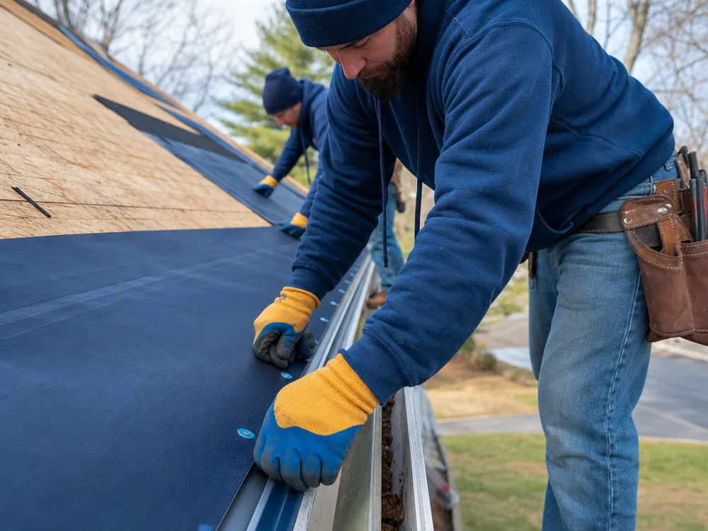 Roofing crew installing ice and water shield along the eaves and a metal drip edge before shingles