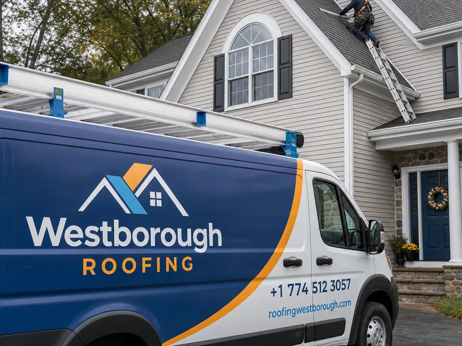 Crew member measuring and inspecting a roof valley with safety equipment and organized tools