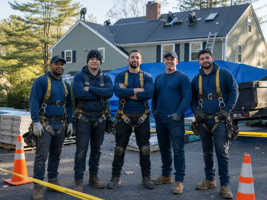Roofing crew with safety gear and organized materials beside a marked-off residential work area